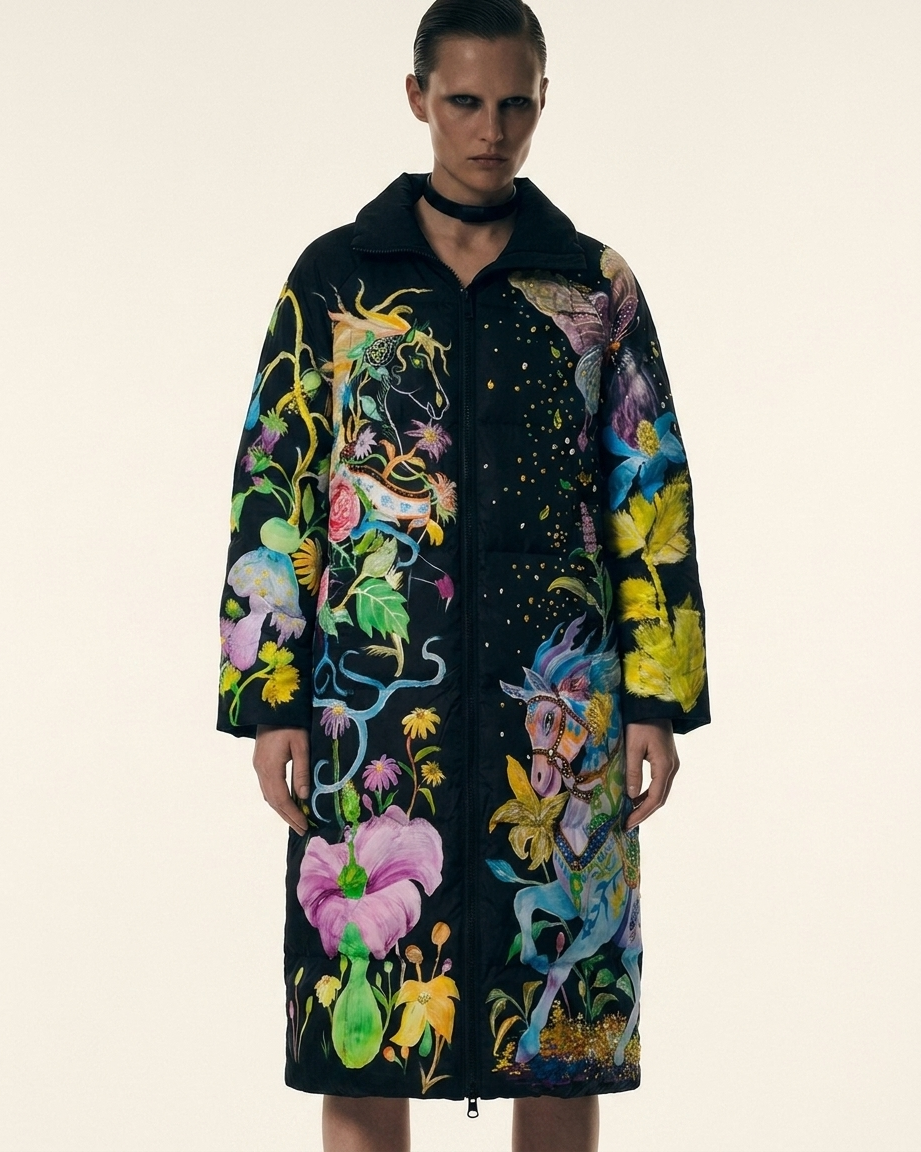 Black flora fauna long coat model